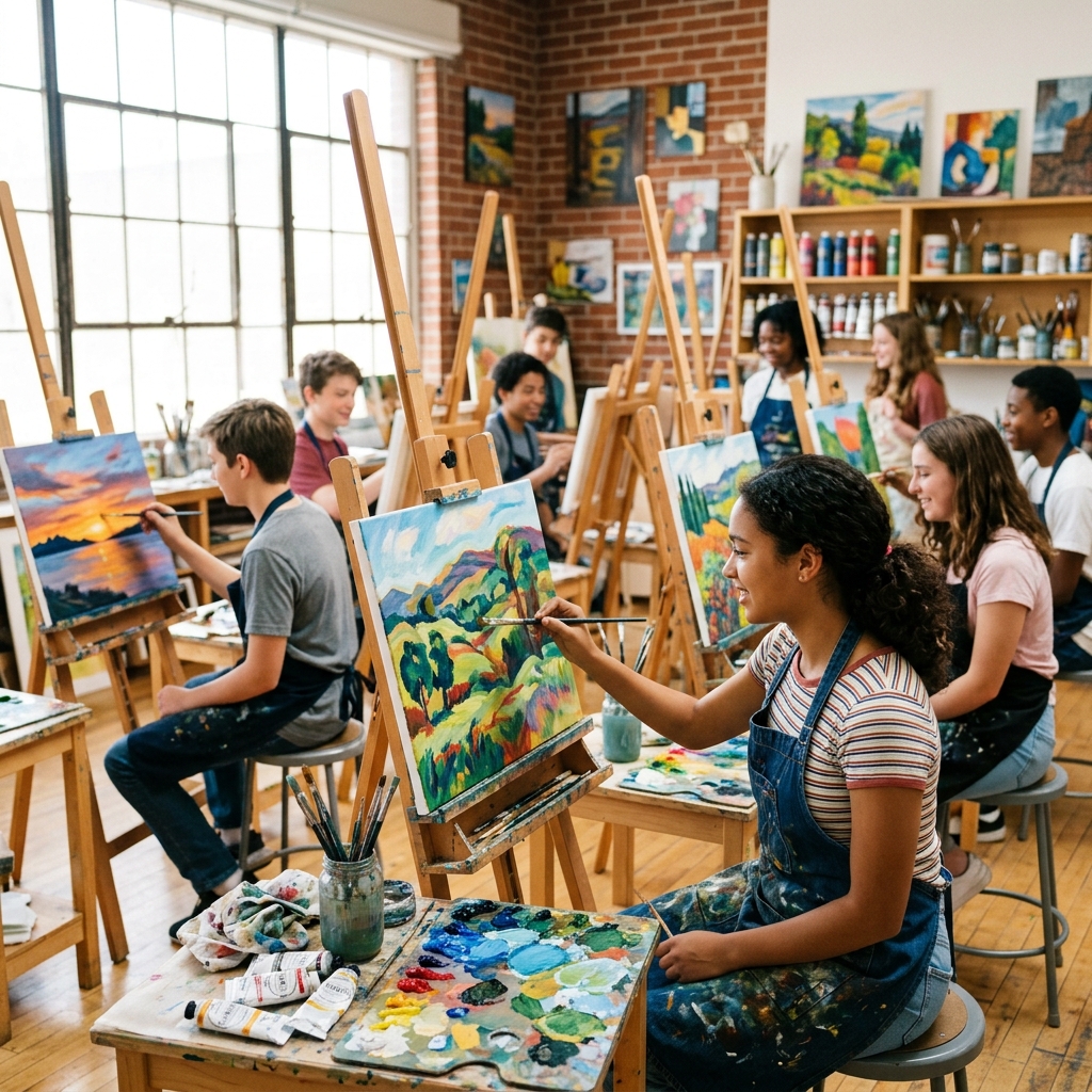 Students painting on canvases