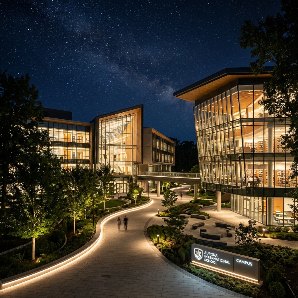 Campus pathway at night