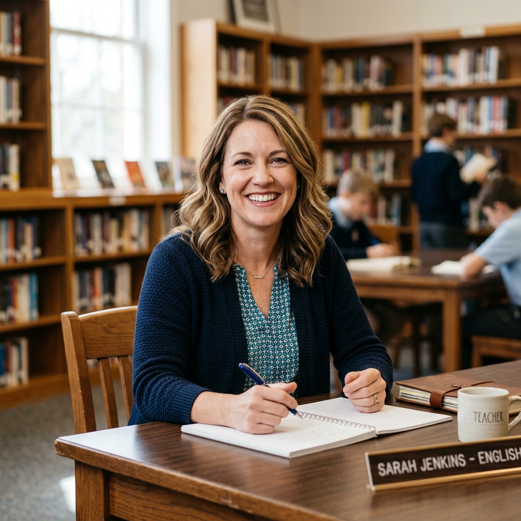 Teacher smiling in the school library